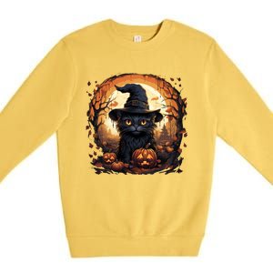 Black Cat Wearing Witch Hat Full Moon Halloween Costume Gift Premium Crewneck Sweatshirt