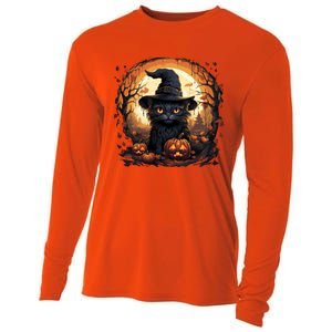 Black Cat Wearing Witch Hat Full Moon Halloween Costume Gift Cooling Performance Long Sleeve Crew