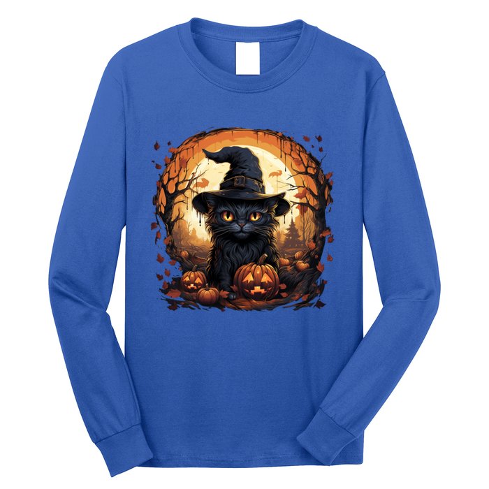 Black Cat Wearing Witch Hat Full Moon Halloween Costume Gift Long Sleeve Shirt