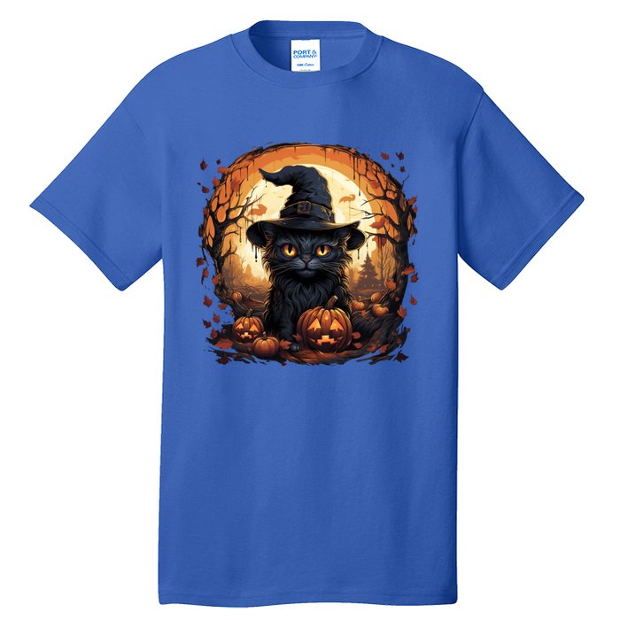 Black Cat Wearing Witch Hat Full Moon Halloween Costume Gift Tall T-Shirt