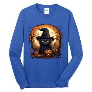 Black Cat Wearing Witch Hat Full Moon Halloween Costume Gift Tall Long Sleeve T-Shirt