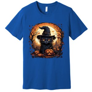 Black Cat Wearing Witch Hat Full Moon Halloween Costume Gift Premium T-Shirt