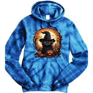 Black Cat Wearing Witch Hat Full Moon Halloween Costume Gift Tie Dye Hoodie