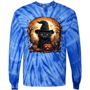 Black Cat Wearing Witch Hat Full Moon Halloween Costume Gift Tie-Dye Long Sleeve Shirt