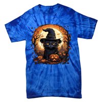 Black Cat Wearing Witch Hat Full Moon Halloween Costume Gift Tie-Dye T-Shirt