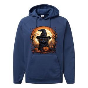 Black Cat Wearing Witch Hat Full Moon Halloween Costume Gift Performance Fleece Hoodie