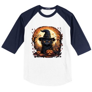 Black Cat Wearing Witch Hat Full Moon Halloween Costume Gift Baseball Sleeve Shirt