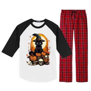 Black Cat Witch Reading Book Spooky Halloween Vibe Raglan Sleeve Pajama Set