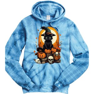 Black Cat Witch Reading Book Spooky Halloween Vibe Tie Dye Hoodie