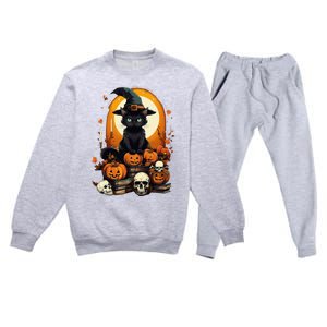 Black Cat Witch Reading Book Spooky Halloween Vibe Premium Crewneck Sweatsuit Set