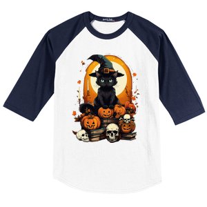 Black Cat Witch Reading Book Spooky Halloween Vibe Baseball Sleeve Shirt