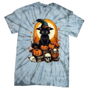 Black Cat Witch Reading Book Spooky Halloween Vibe Tie-Dye T-Shirt