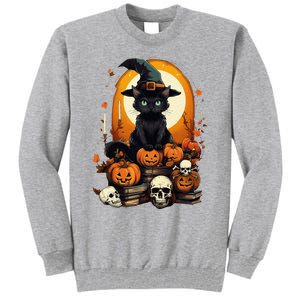 Black Cat Witch Reading Book Spooky Halloween Vibe Tall Sweatshirt