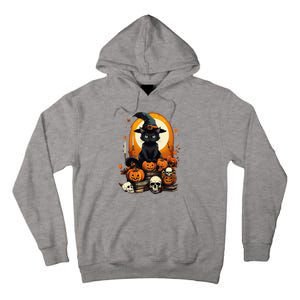 Black Cat Witch Reading Book Spooky Halloween Vibe Tall Hoodie