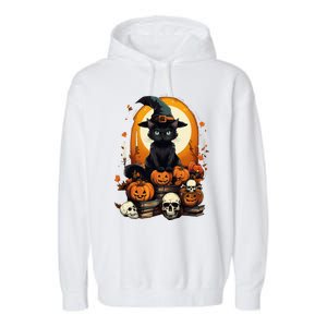 Black Cat Witch Reading Book Spooky Halloween Vibe Garment-Dyed Fleece Hoodie