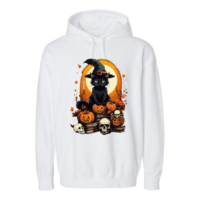 Black Cat Witch Reading Book Spooky Halloween Vibe Garment-Dyed Fleece Hoodie