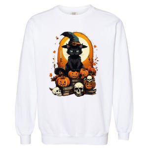 Black Cat Witch Reading Book Spooky Halloween Vibe Garment-Dyed Sweatshirt