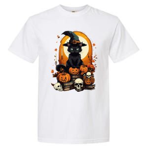 Black Cat Witch Reading Book Spooky Halloween Vibe Garment-Dyed Heavyweight T-Shirt