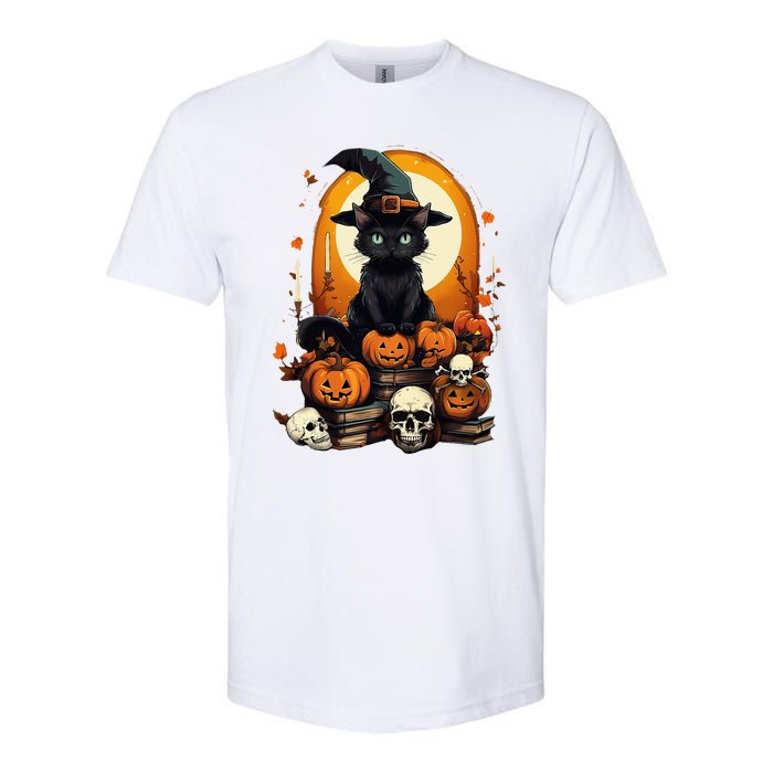 Black Cat Witch Reading Book Spooky Halloween Vibe Softstyle CVC T-Shirt