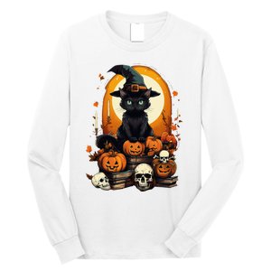 Black Cat Witch Reading Book Spooky Halloween Vibe Long Sleeve Shirt