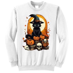 Black Cat Witch Reading Book Spooky Halloween Vibe Sweatshirt