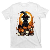 Black Cat Witch Reading Book Spooky Halloween Vibe T-Shirt