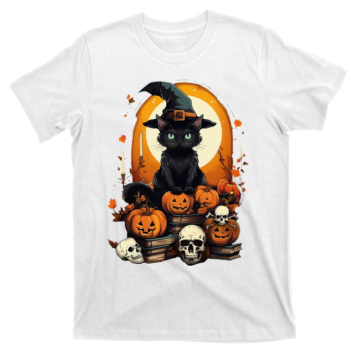 Black Cat Witch Reading Book Spooky Halloween Vibe T-Shirt