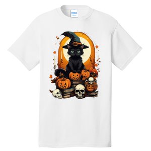 Black Cat Witch Reading Book Spooky Halloween Vibe Tall T-Shirt