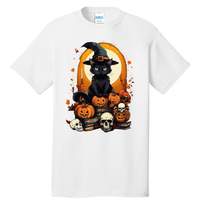 Black Cat Witch Reading Book Spooky Halloween Vibe Tall T-Shirt