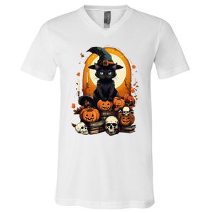 Black Cat Witch Reading Book Spooky Halloween Vibe V-Neck T-Shirt