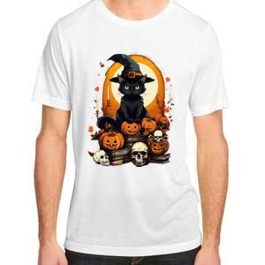 Black Cat Witch Reading Book Spooky Halloween Vibe Adult ChromaSoft Performance T-Shirt