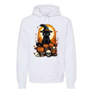 Black Cat Witch Reading Book Spooky Halloween Vibe Premium Hoodie