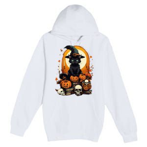 Black Cat Witch Reading Book Spooky Halloween Vibe Premium Pullover Hoodie