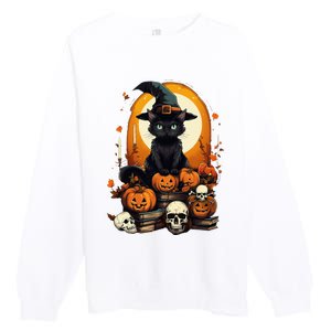 Black Cat Witch Reading Book Spooky Halloween Vibe Premium Crewneck Sweatshirt