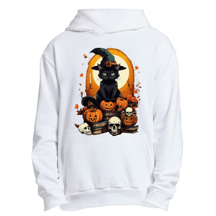 Black Cat Witch Reading Book Spooky Halloween Vibe Urban Pullover Hoodie