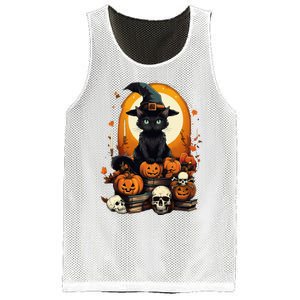 Black Cat Witch Reading Book Spooky Halloween Vibe Mesh Reversible Basketball Jersey Tank