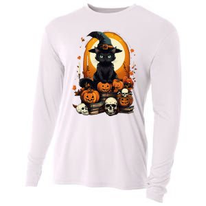 Black Cat Witch Reading Book Spooky Halloween Vibe Cooling Performance Long Sleeve Crew