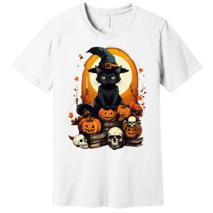 Black Cat Witch Reading Book Spooky Halloween Vibe Premium T-Shirt