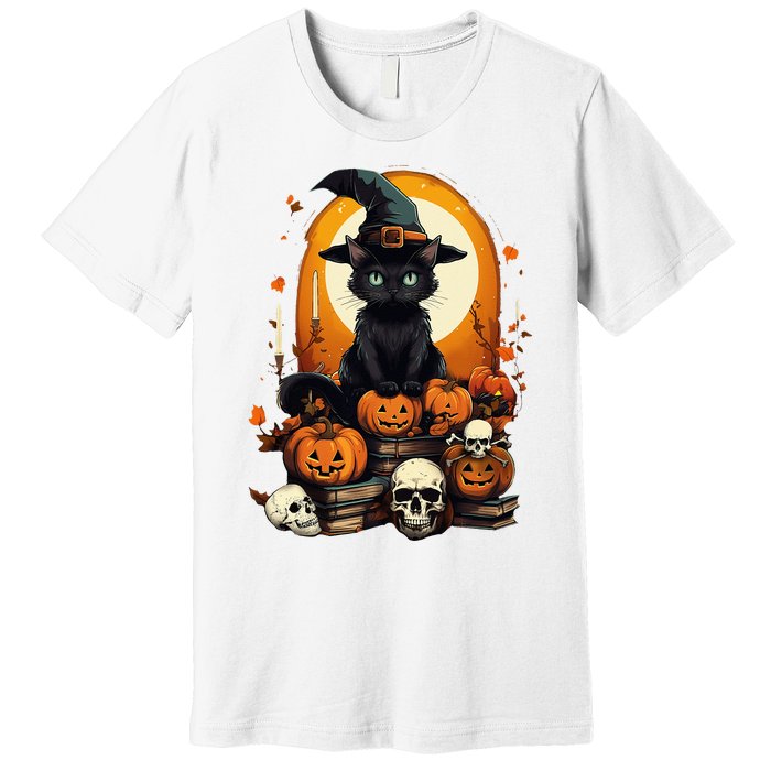 Black Cat Witch Reading Book Spooky Halloween Vibe Premium T-Shirt