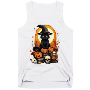 Black Cat Witch Reading Book Spooky Halloween Vibe Tank Top