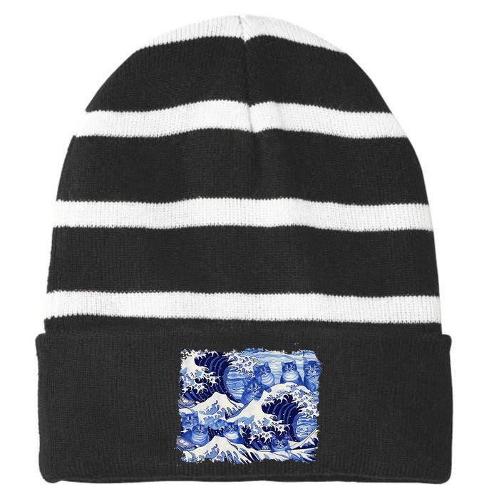 Blue Cats Wave For Kamala Funny Cat Owners Kamala Harris Gift Striped Beanie with Solid Band