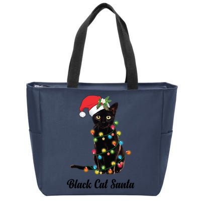 Black Cat With Santa Hat Tangled Up In Christmas Lights Gift Zip Tote Bag