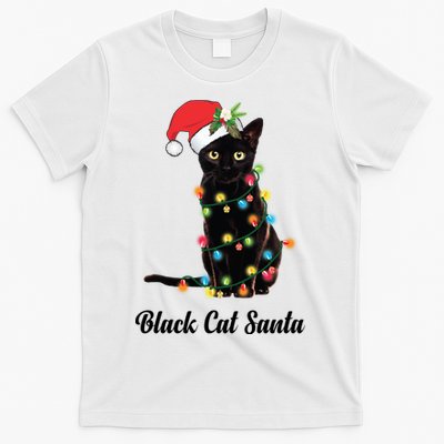 Black Cat With Santa Hat Tangled Up In Christmas Lights Gift T-Shirt