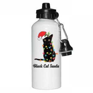 Black Cat With Santa Hat Tangled Up In Christmas Lights Gift Aluminum Water Bottle