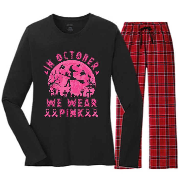 Breast Cancer Women Halloween In October We Wear Pin.K Women's Long Sleeve Flannel Pajama Set 