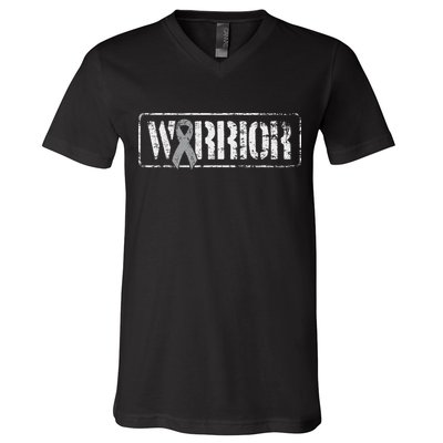Brain Cancer Warrior Grey Military Style Ribbon V-Neck T-Shirt