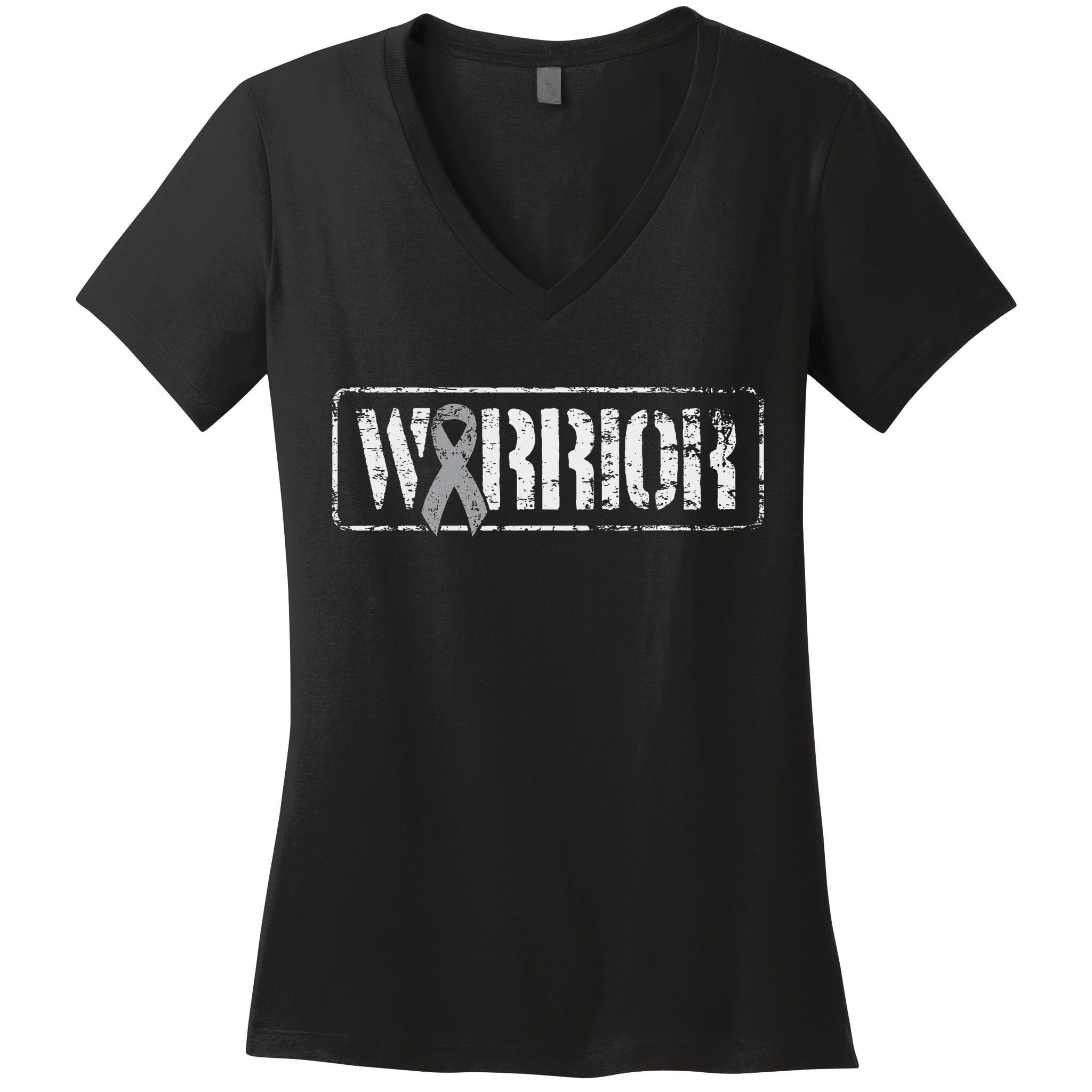 Brain Cancer Warrior Grey Military Style Ribbon Women's V-Neck T-Shirt