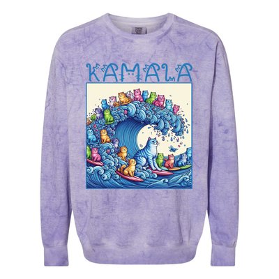 Blue Cats Wave For Kamala Harris 2024 Funny Cat Lady Colorblast Crewneck Sweatshirt