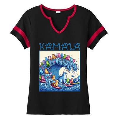 Blue Cats Wave For Kamala Harris 2024 Funny Cat Lady Ladies Halftime Notch Neck Tee