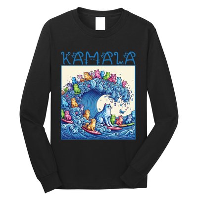 Blue Cats Wave For Kamala Harris 2024 Funny Cat Lady Long Sleeve Shirt